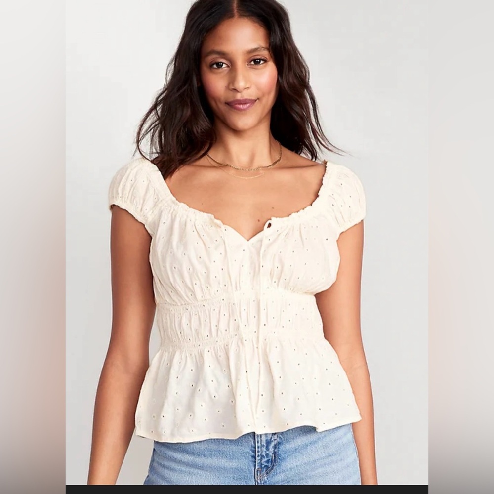 Old Navy Y2K Babydoll Coquette Cream Eyelet Smocked Peplum Blouse XL